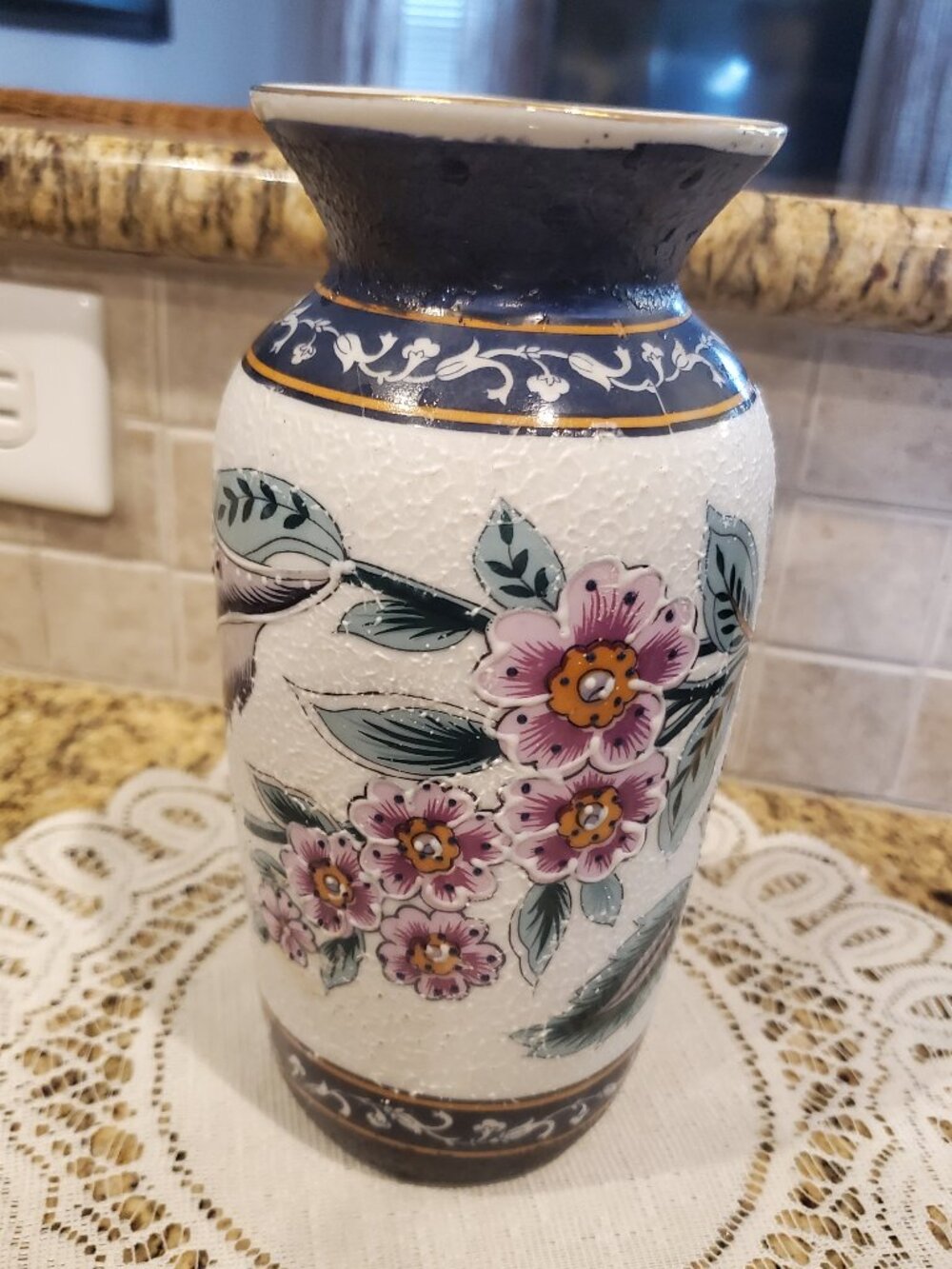 Vintage Moriage Textured Hand Painted Floral Feather Vase Jar 8" Gorgeous